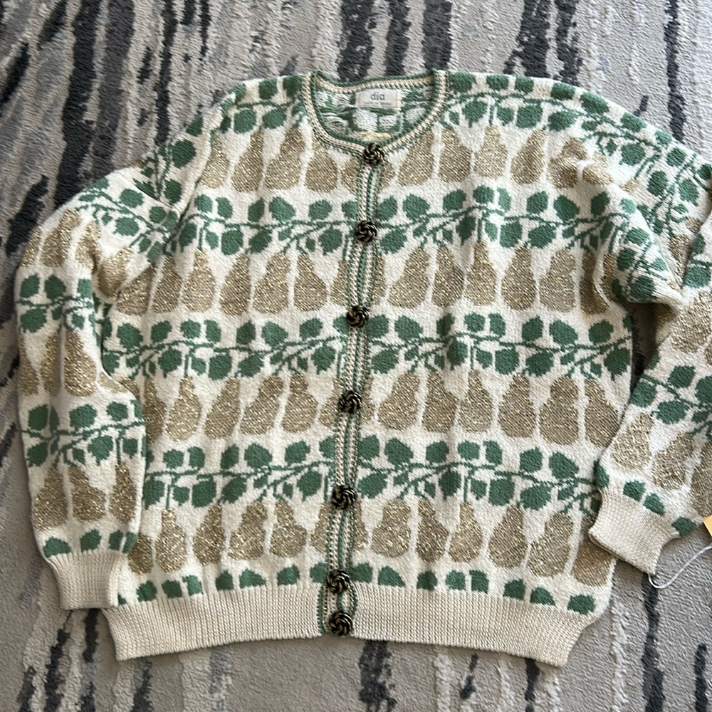 Hand knit Dia north of Boston pears cardigan sweater NWT XL  grandma Y2K - Picture 2 of 8